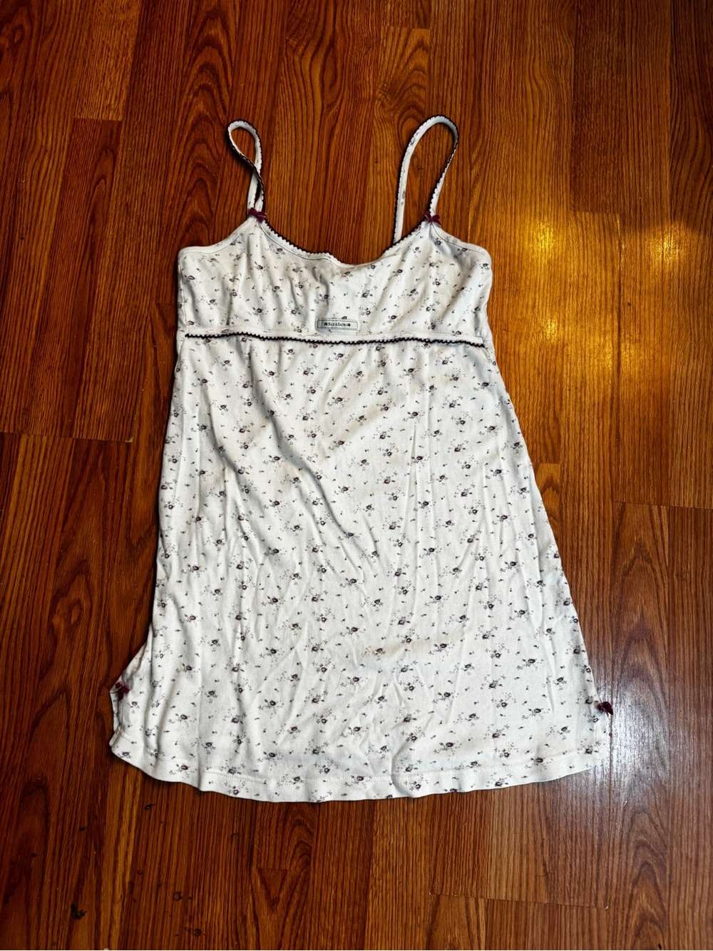 Soft White Floral Slip Dress with Burgundy Trim & Bow detail